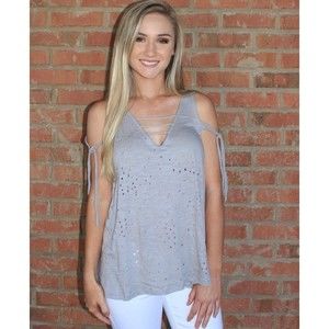 Womens Boutique Grey Distressed Tank Top Bow Ties V Neck Trendy Gameday Fall NWT